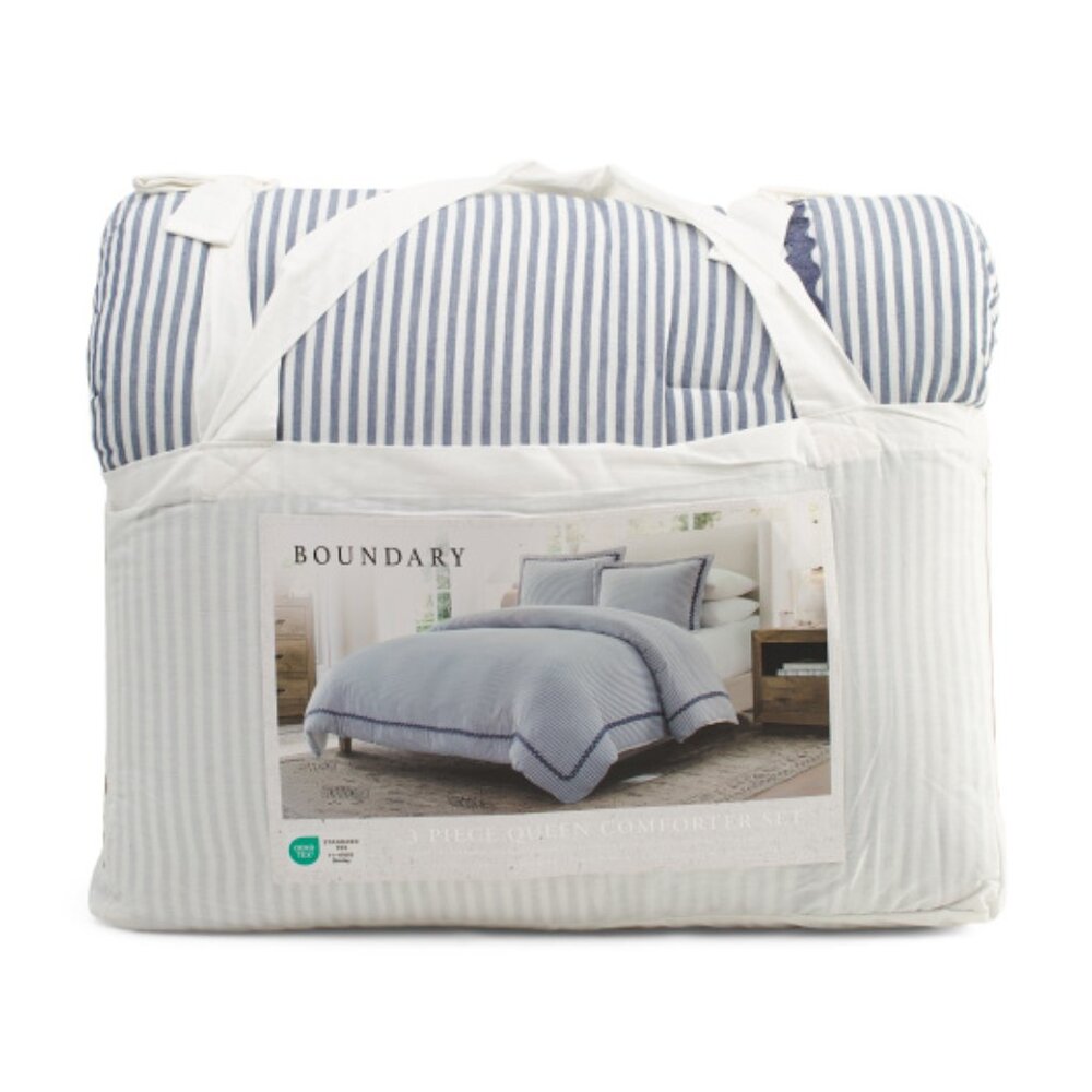 BOUNDARY Cotton Gauze Stripe Comforter Set With Ric Rac Border